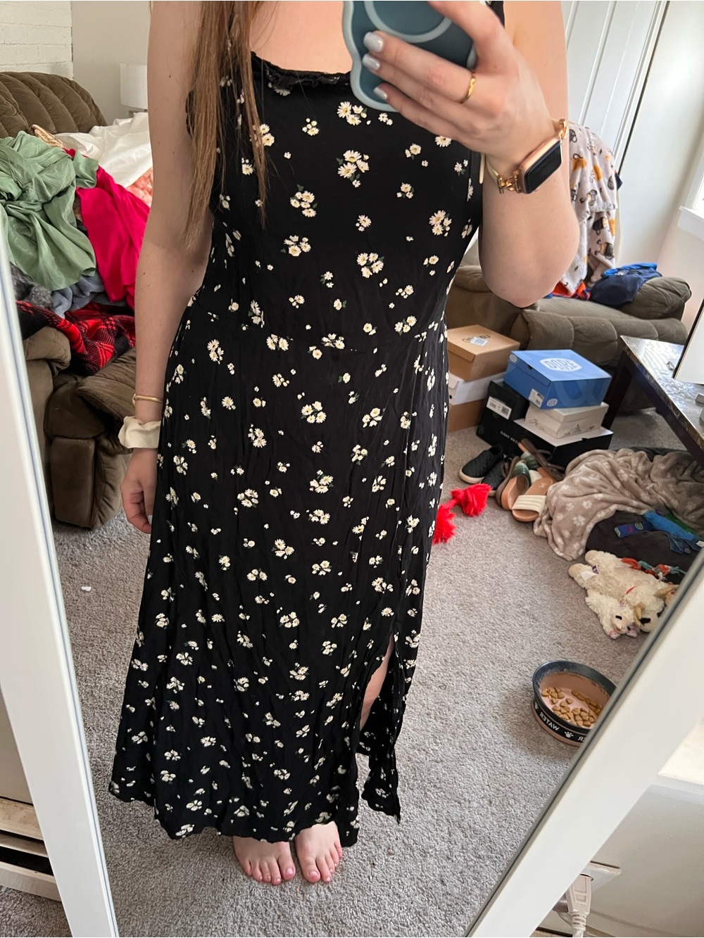 Black Floral Midi Dress with Split